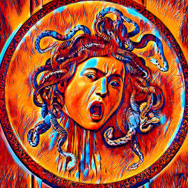 Medusa by Caravaggio - colorful dark orange recreation by Nicko Prints