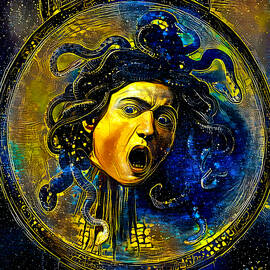 Medusa by Caravaggio - starry blue with yellow digital recreation by Nicko Prints