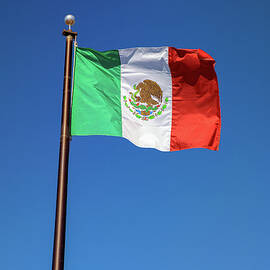 Mexican Flag Waving Against Clear Blue Sky by Miroslav Liska