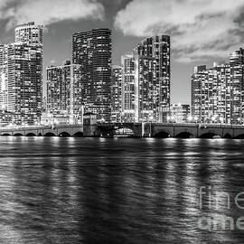 Miami Night Skyline and Venetian Bridge Black and White Picture by Paul Velgos