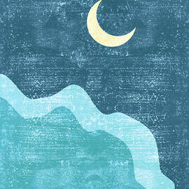 Minimal Crescent Moon Cloud - Modern, Contemporary Abstract Print - Zen, Contemplative - Blue by Studio Grafiikka