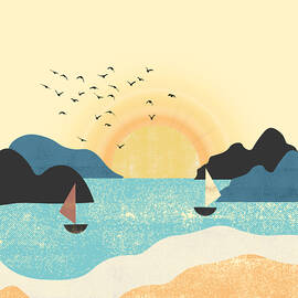 Minimalist Risen Sun Seascape wall art , Digital art prints for wall Decor  by Raj