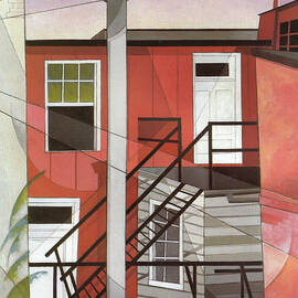 Modern conveniences - outer staircase and red facade by Charles Demuth by Charles H B Demuth