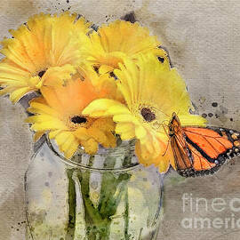 Monarch on Gerberas Digital Watercolor by William Gunn