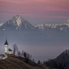 Mountain Top Church Under Pink Sunset Sky by Charnwood Photography Fine Art