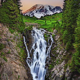 Myrtle Falls and Mount Rainier Sunset - Vertical by Abbie Matthews