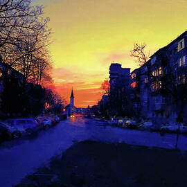 Neighbourhood with blocks of flats in the sunset - digital painting in blue and orange by Nicko Prints