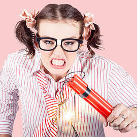 Nerd Business Woman Holding Exploding Time Bomb by Jorgo Photography