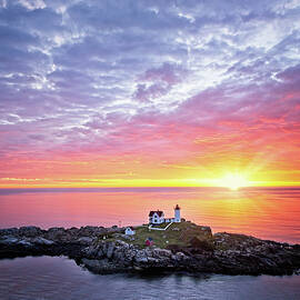 Nubble Lighthouse Aerial Sunrise by Susan Candelario