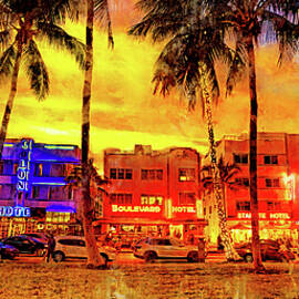 Ocean Drive with the palm trees and the art deco hotels in Miami Beach at sunset - watercolor ink by Nicko Prints