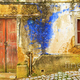 Old walls and door of a ruined blue painted cottage in the village of Alzejur, Algarve, Portugal by Neale And Judith Clark