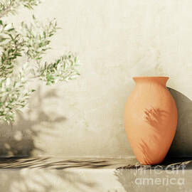 Olive tree shadow on beige rustic wall with clay pot. by Jelena Jovanovic