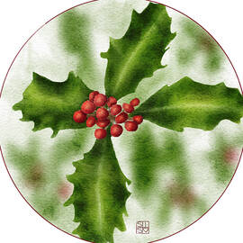 One-of-a-kind Digital Watercolor Art - December Holly Sprig Illustration by Snow Iris Studio