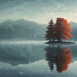 Painting of a calm lake at dawn by Nature Oil Painting