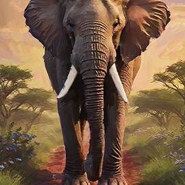 Painting of gentle elephant in the savannah africa by Nature Oil Painting