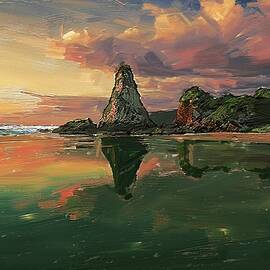 Painting of wonderful sea stacks rocks by Nature Oil Painting