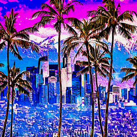 Palm trees in front of Los Angeles skyline at sunset - digital painting by Nicko Prints