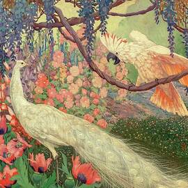 Peacock and Cockatoo in a Garden Landscape by Jessie Arms Botke by Jessie Arms Botke