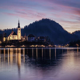 Pink Tinted Sunrise Lake Bled  by Charnwood Photography Fine Art