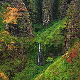 Pinnacles and Waterfall Closeup - Kauai, Hawaii by Abbie Matthews