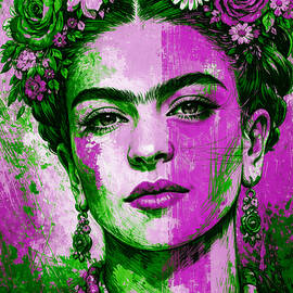 Portrait of Frida Kahlo with a crown of flowers in green and magenta hues - modern style by Nicko Prints
