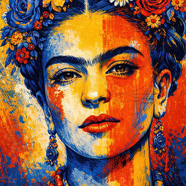 Portrait of Frida Kahlo with flowers in blue, yellow and red hues - modern style by Nicko Prints