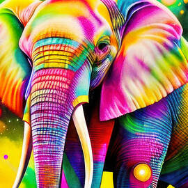 Rainbow elephant in a luminous sfumato digital painting by Nicko Prints