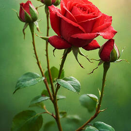 Red garden rose against a foggy dreamy atmosphere - digital painting  by Nicko Prints