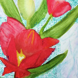 Red Tulips with White and Turquoise Blue Background by Elizabeth Reich
