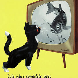 Retro-style Philips television advertisement poster  - Black kitty and the fish by Anonymus