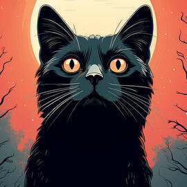 Retro style poster of a black cat against the moon. Digital