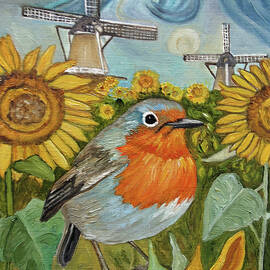Robin Among Sunflowers by Angeles M Pomata