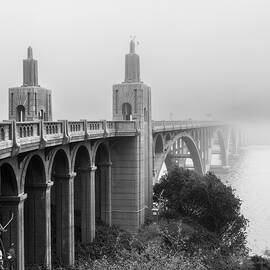 Rogue River Bridge in Fog Vertical by Mike Lee