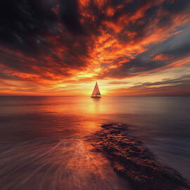 Sail Boat Glides Into Sunset 2 by Gian Smith