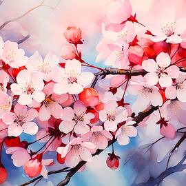 Sakura Blossoms in Japan in Vibrant Watercolor Style No 1 by Andre Petrov