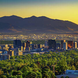 Salt Lake City skyline at sunset with Wasatch Mountains in the background, Utah by Miroslav Liska