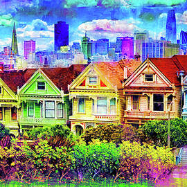 San Francisco's Painted Ladies at Alamo Square - colorful ink and watercolor painting by Nicko Prints