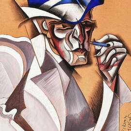 Scheiber Hugo paintings - Portrait of a man in white smoking with hat and cigar by Scheiber Hugo