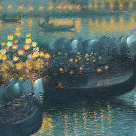 Serenade to the Moonlight, Venice harbor night scene with boats by Lucien-Levy Dhurmer by Lucien-Levy Dhurmer