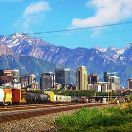 Skyline of Salt Lake City downtown in Utah with Wasatch Range Mountains by Miroslav Liska