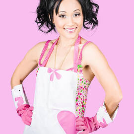 Smiling spring cleaning woman. Isolated housework  by Jorgo Photography