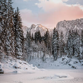 Snow Covered Mountain Lake at Sunset by Joanne Eastope