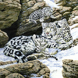 Snow Leopard And Her Cubs In The Wild by R G Finney