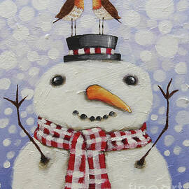Snowman with robins by Lucia Stewart