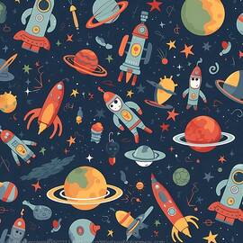 Space pattern with rockets and aliens No 2 by Andre Petrov