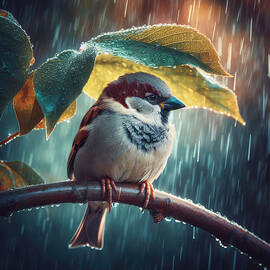 Sparrow's Leafy Sanctuary in the Rainy Chill by Bill and Linda Tiepelman