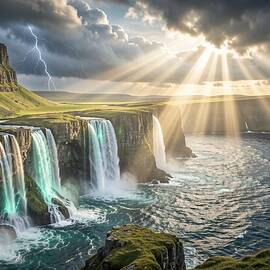 絵画 Spectacular Waterfall Spectacular Waterfall and Lightning Scene by Scottish Squares