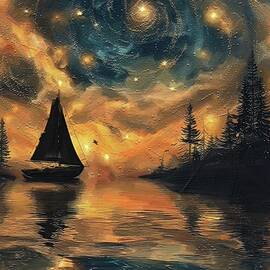 Starry Night Impressionist Boat Sailing Digital Oil Painting by Nature Oil Painting