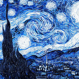 Starry Night by Van Gogh colored in blue hues and enhanced by Nicko Prints