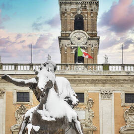 Statue of Marcus Aurelius Under Snow on Capitoline Hill Rome Lazio Italy by Stefano Senise